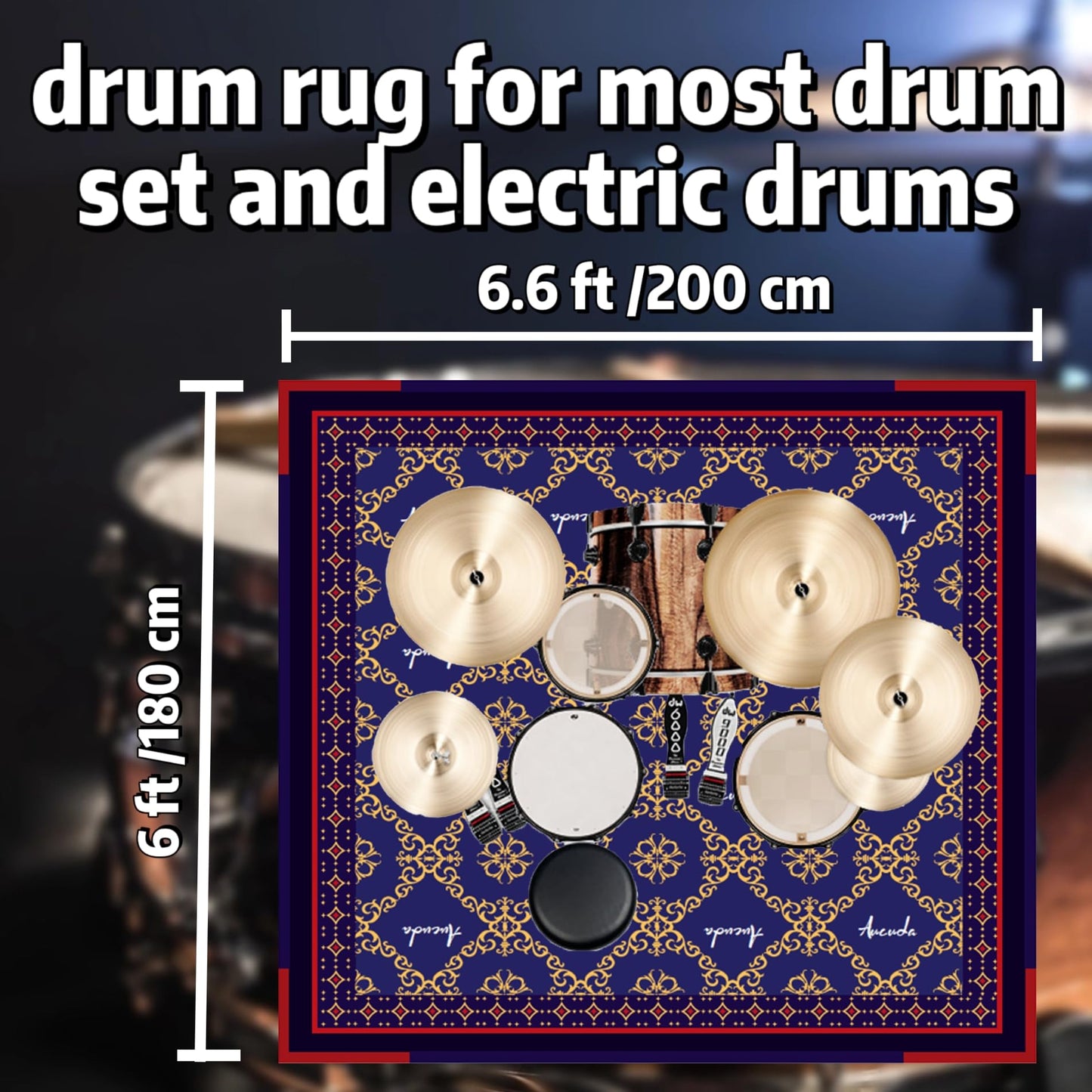 Aucuda Large Drum Rug 6x6.6 ft Drum Mat Outdoor, Tightly Woven Fabric Cool Drum Set Carpet with Non-Slip Grip Bottom, Electric Drum Accessories for Studio, Apartment, Soundproof, Guitar, No Crease.