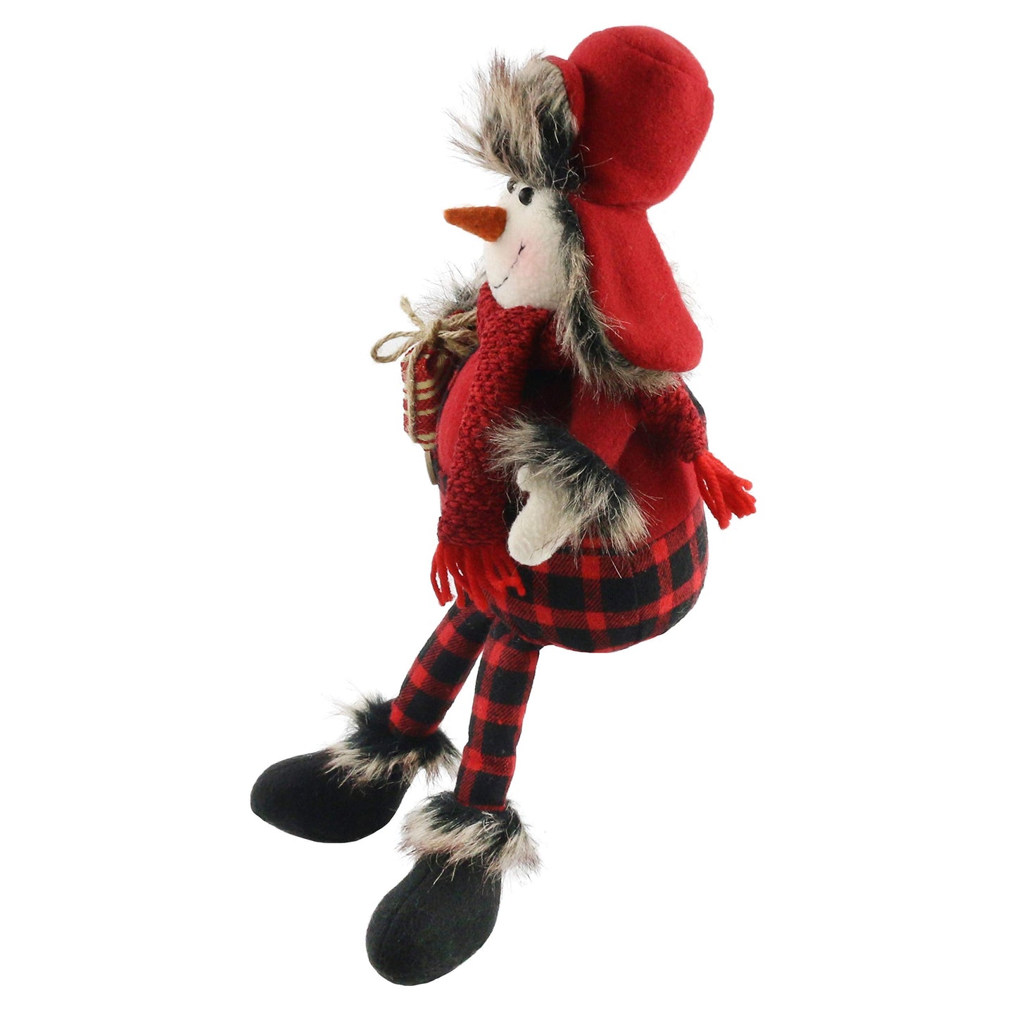 Houwsbaby Christmas Decoration Handmade Plush Snowman Figurines Hold a Gift in Overalls Home Desktop Collectible Stuffed Dolls Holiday Party Supplies Sitting Table Ornament Red 17''