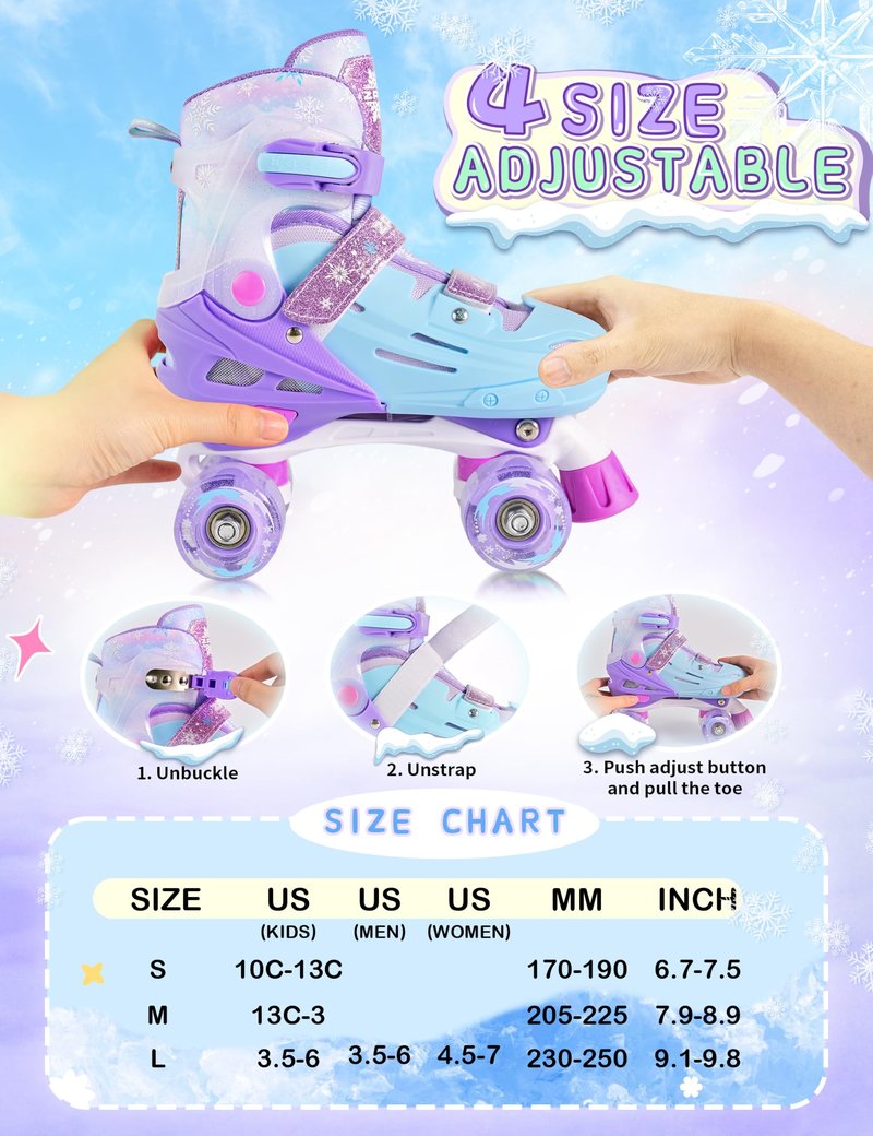 2PM SPORTS Kids Roller Skates Girls Ages 5-8 8-12 3-5 4-6 6-12 with Light Up Wheels, Outdoor Indoor Rollerskates for Girls Toddler Youth Beginner Size 10C 11C 12C 13C 1 2 3 4 5 6 Purple Snowflakes