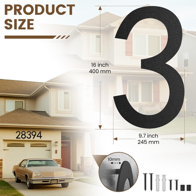 NUMAKY 16 Inch Large Modern House Numbers for Outside, Matte Black Metal Outdoor Address Numbers with Floating 3D Shadow & All Mounting Hardware, Weatherproof for Home/Garage/Apartment/Hotel (Number 3)