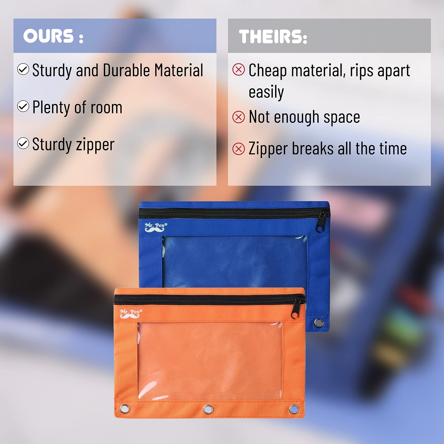 Mr. Pen - Pencil Pouch, Blue and Orange, 2 Fabric Pencil Pouches, Binder Pockets, Pencil Case, Binder Pouch, Pencil Bags, Pencil Pouch 3 Ring, Pencil Bags with Zipper, Zippered Pencil Pouch, Canvas