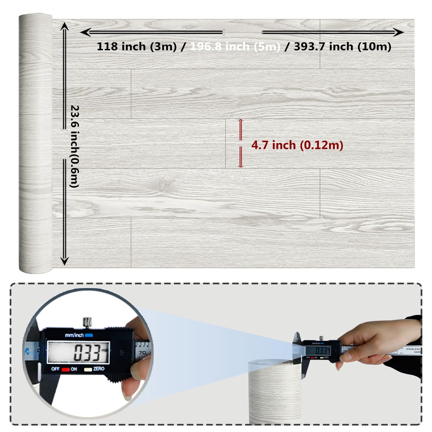 WIFEA Self Adhesive Vinyl Flooring Roll 23.6"x 118"/19 Sq.Ft Wood Grain Peel Stick Floor Tiles, Wear-Resistant and Waterproof Vinyl Plank Flooring for Bedroom Living Room Office Balcony RV White Grey