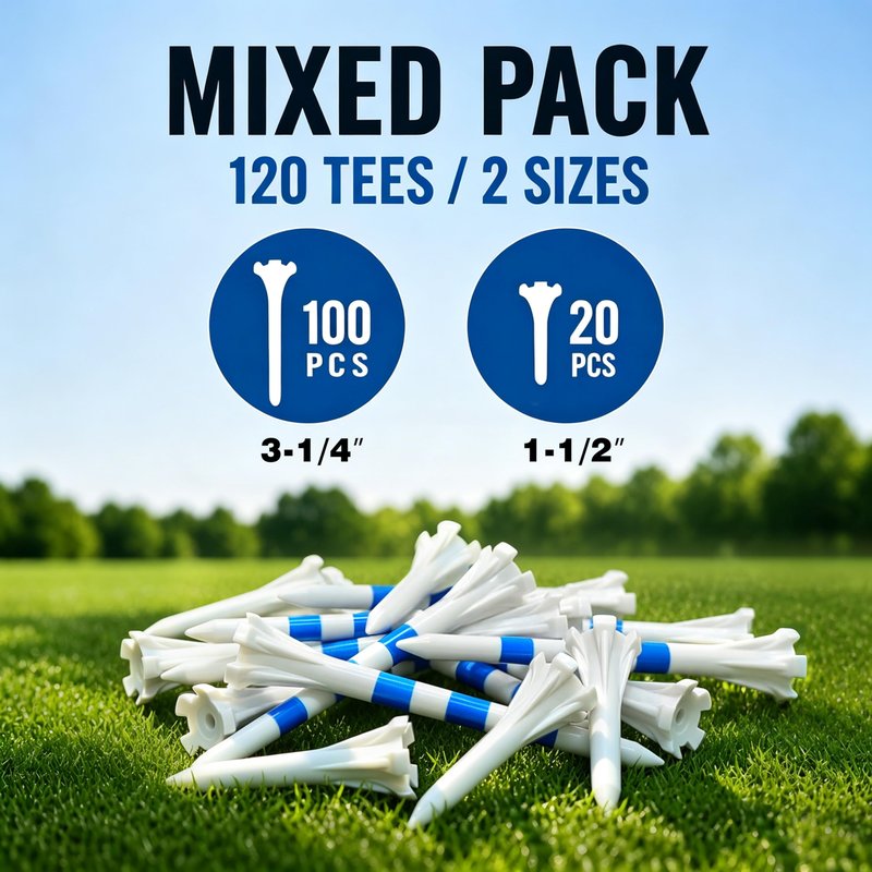 CHAMPKEY Advanced 5-Prong Plastic Golf Tees 120 or 100 Pack - 50% Ball Contact Surface Optimization with Longer Distance Performance Golf Tees Plastic(White-Assorted Pack,3-1/4"(120 Assorted Pack))