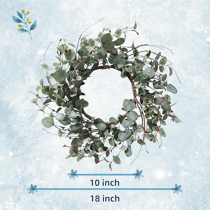 YNYLCHMX 18 Inch Winter Wreath for Front Door, Winter Wreath with Eucalyptus Leaves with Berry, Artificial Door Front Door Wreaths for Indoor Windows Walls Farmhouse Holiday Party Decoration