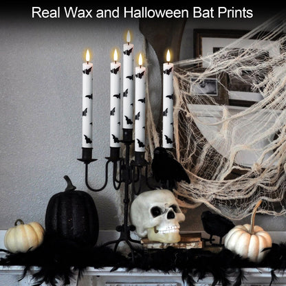 GenSwin Halloween Flameless Taper Candles, 4 Pack LED Taper Candles Battery Operated with Remote Timer, Real Wax White Flickering Flameless Candlesticks with Bat Prints for Spooky Decor(0.75” x 9.65”)