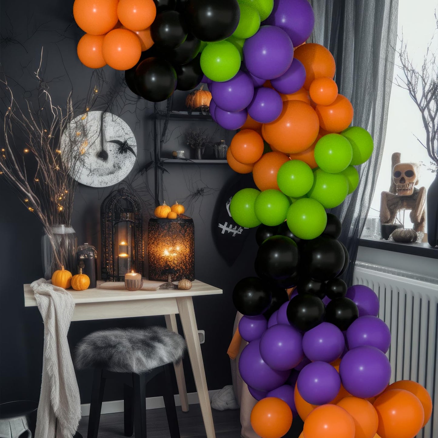 NEBURORA 60pcs Halloween Party Balloons Kit 12inch Orange Black Green Purple Balloons with Ribbons for Halloween Theme Party Background Classroom Indoor and Outdoor Party Decorations