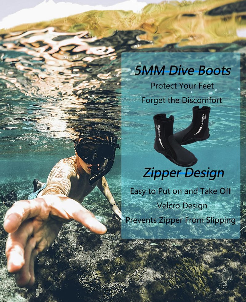 Skyone Neoprene Dive Boots, Men's & Women's 5MM Wetsuit Surf Booties, Tall Zippered Anti-Slip Rubber Sole Scuba Boots, Diving Booties for Sailing Snorkeling (Black, Mens 9 / Womens 10)
