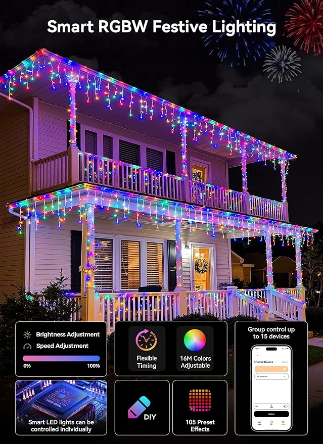 Smart Icicle Lights for Outside - 56ft 512 LED Color Changing Icicle Christmas Lights Outdoor - APP Controller 50+Preset Modes 16M Color Customize DIY Dynamic Lighting Effect