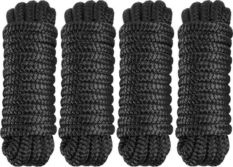 PACTHSD 4 Pack Dock Lines 3/8" x 15' - Marine Grade Nylon Boat Ropes with 12" Eyelet for Docking and Mooring - Double Braided Boat Lines, High Strength, Easy Handling, Fray Resistant - Black