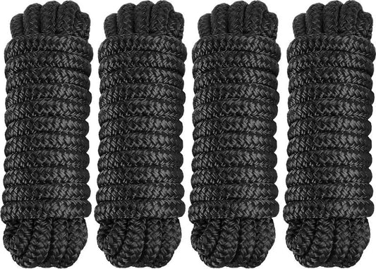 PACTHSD 4 Pack Dock Lines 3/8" x 15' - Marine Grade Nylon Boat Ropes with 12" Eyelet for Docking and Mooring - Double Braided Boat Lines, High Strength, Easy Handling, Fray Resistant - Black