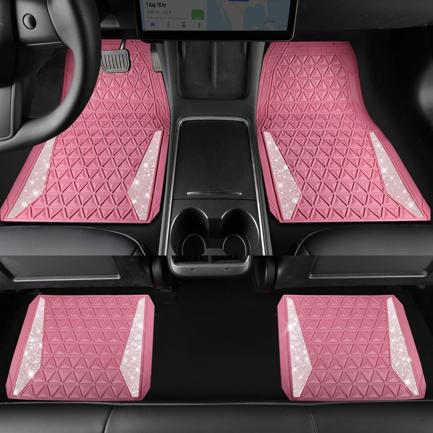 CAR PASS Bling Diamond Car Mats Rubber Floor Mats Full Set Anti-Slip 3D Rhombus Waterproof Trim to Fit Liner Universal Glitter Crystal Sparkly Shining Rhinestone Girl Women SUV Sedan Van, Pink Rubber