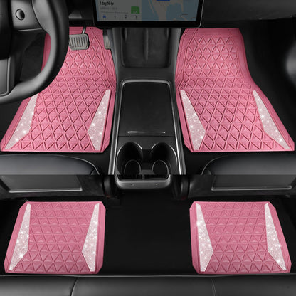 CAR PASS Bling Diamond Car Mats Rubber Floor Mats Full Set Anti-Slip 3D Rhombus Waterproof Trim to Fit Liner Universal Glitter Crystal Sparkly Shining Rhinestone Girl Women SUV Sedan Van, Pink Rubber