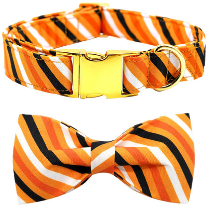 Elegant little tail Dog Collar, Fall Dog Collar Orange Stripe Holiday Pet Collar Dog Halloween Dog Bow Collar Pet Durable Adjustable Girl Boy Dog Collar for Small Dogs