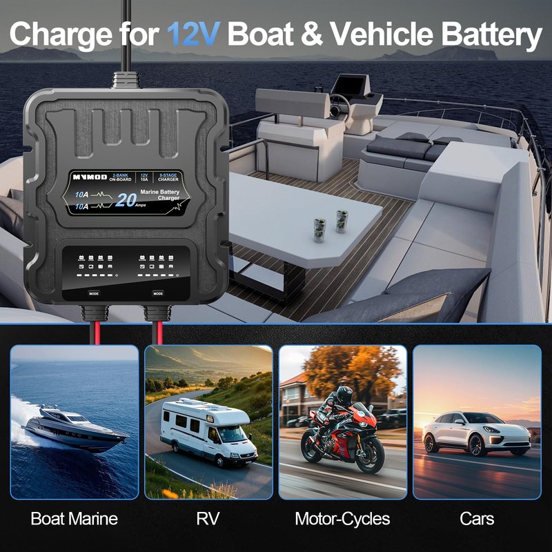 MVMOD 2 Bank Marine Battery Charger, 20A (10A/Bank) 12V IP68 Waterproof Lithium Onboard Battery Charger for SLA/AGM, Lithium(LiFePO4), Calcium Batteries