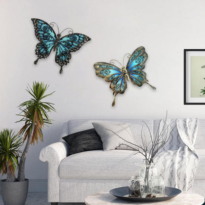 Liffy Metal Butterfly Wall Decor,2Pack 12" Hanging Glass Butterfly Outdoor Decor,Garden Decorative Ornaments Outside for Home,Yard,Fence,Patio