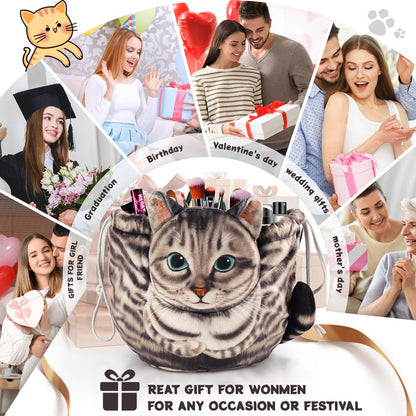 Cat Drawstring Makeup Bag,Flat Lay Make Up Bag,Portable Travel Cosmetic Bag Storage Organiser,Bag for Purse,Cat Gifts for Women/Girls/Cat Lovers