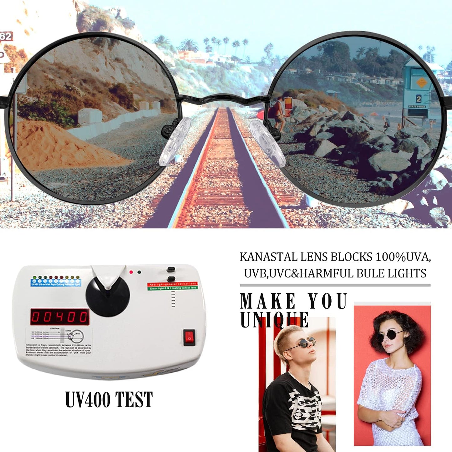KANASTAL Mirror Round Sunglasses Mens Blue Polarised Hippie Style Vintage Circle Womens Mirrored UV Small - Black Frame Black Lens + Metal Frame Blue Lens