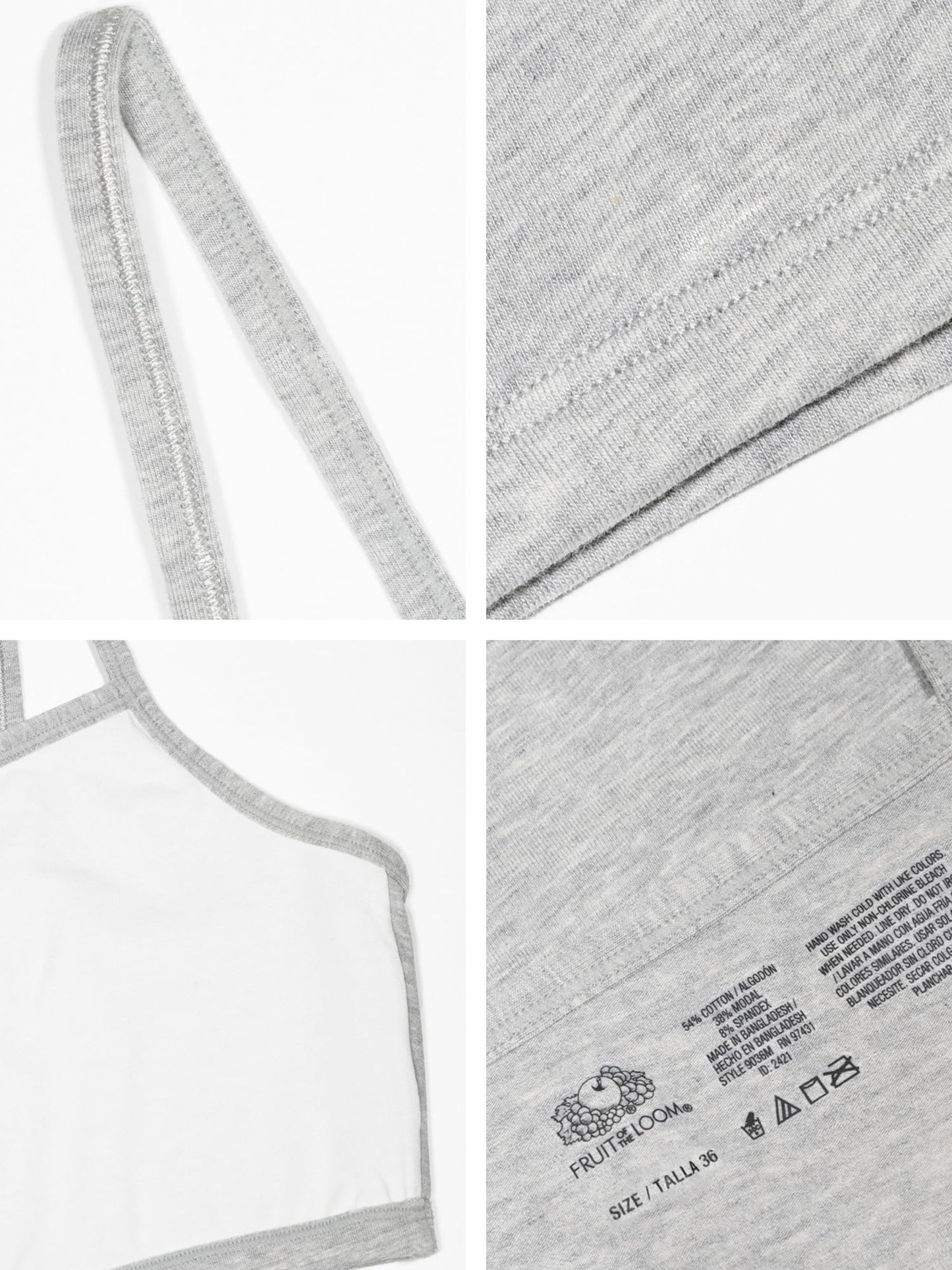 Fruit of the Loom Women's Spaghetti Strap Cotton Pullover Sports Bra Value Pack, Dancing Rosebuds/Lilas/White/Charcoal