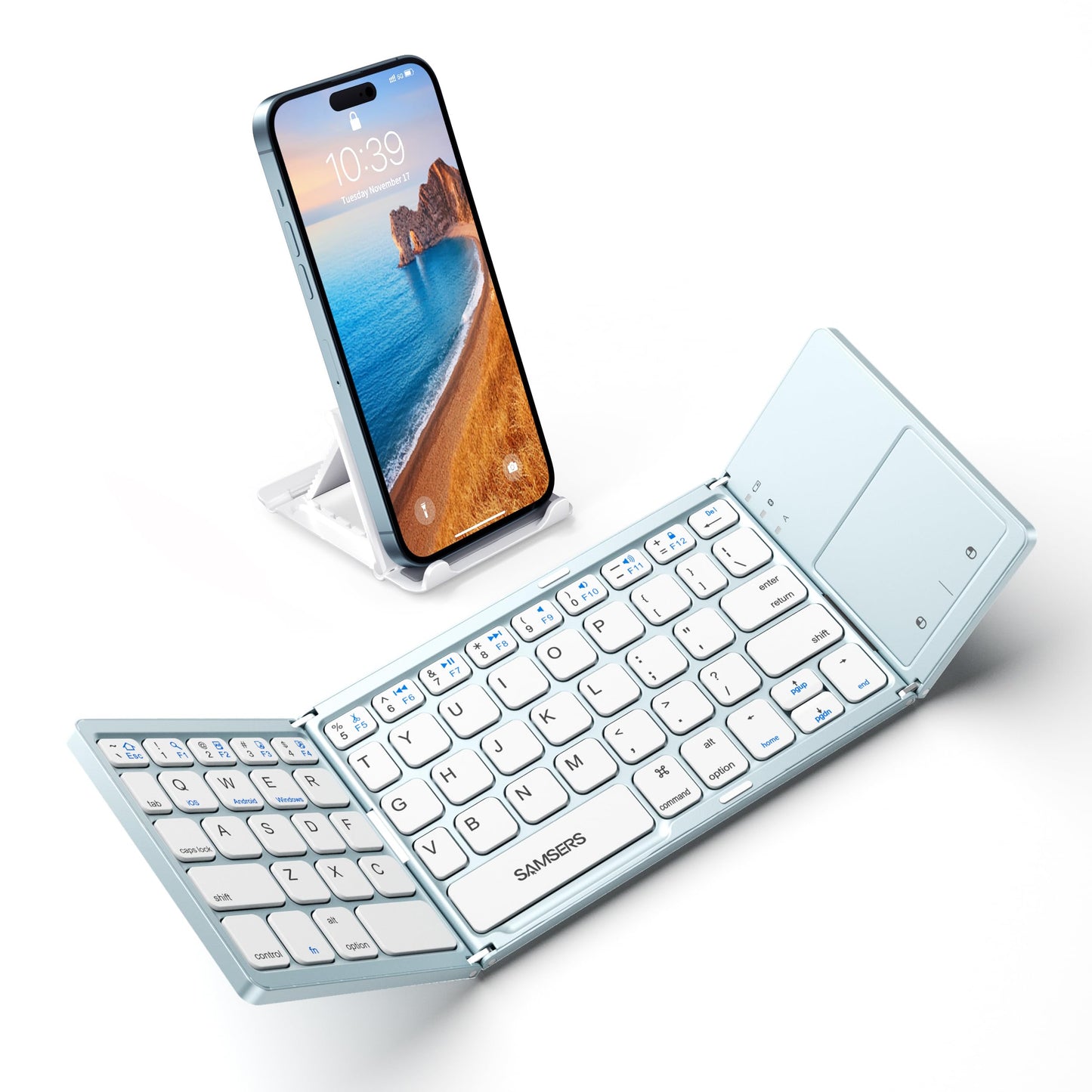 Samsers Foldable Bluetooth Keyboard with Touchpad - Portable Wireless Keyboard with Holder, Rechargeable Full Size Ultra Slim Pocket Folding Keyboards for Android Windows iOS Tablet & Laptop - Black