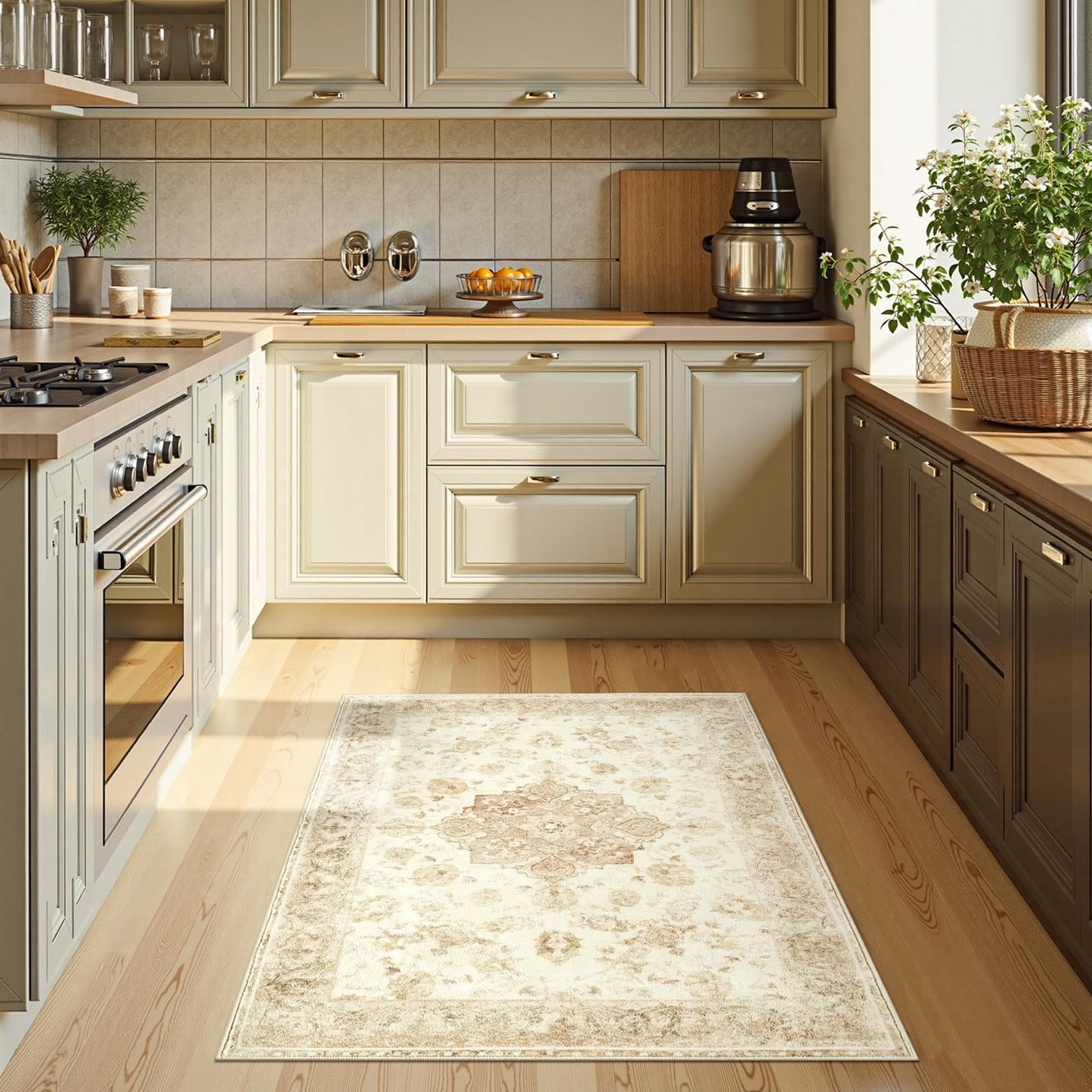 jinchan Washable Area Rug 3x5 Entryway Rug - Distressed Spring Floral Low-Pile Soft Non Slip Indoor Floor Carpet for Kitchen Bedroom Entrance Laundry Living Room(3x5ft,Tan)