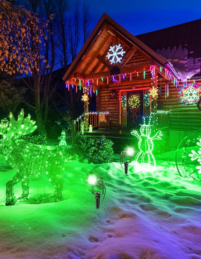 Christmas Green Spotlight Outdoor, 14 LED Landscape Lighting with US Plug, IP65 Waterproof Spotlights for Tree Yard Garden Pathway Halloween St. Patrick's Day Decor 4 Pack