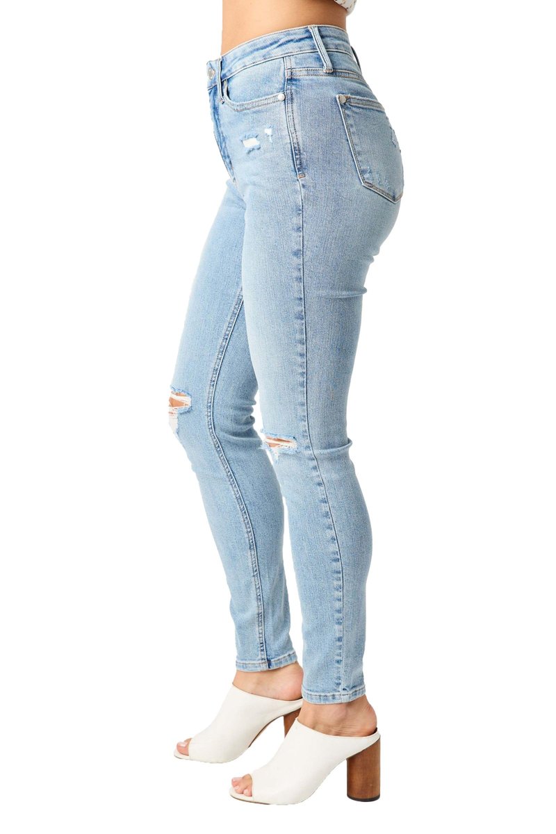 Judy Blue Women's Mid Rise Tummy Control Destroy Skinny Jeans (Light Blue, 14W)