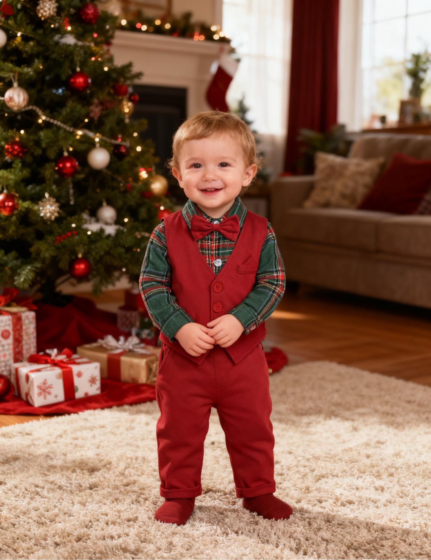A&J DESIGN Baby Christmas Outfit Boy Infant Buffalo Plaid Flannel Tartan Wedding Formal Easter Dress Suit Green and Red 9-12 Months