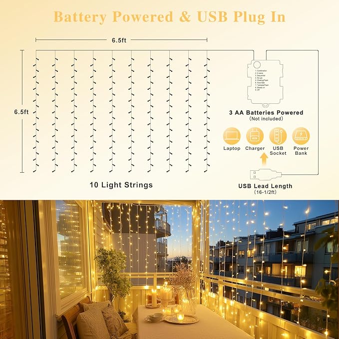 JMEXSUSS 200 LED Curtain Lights Battery Operated & USB Plug in, 8 Modes Warm White Christmas Curtain String Lights for Backdrop Bedroom Classroom Wedding Party Decorations