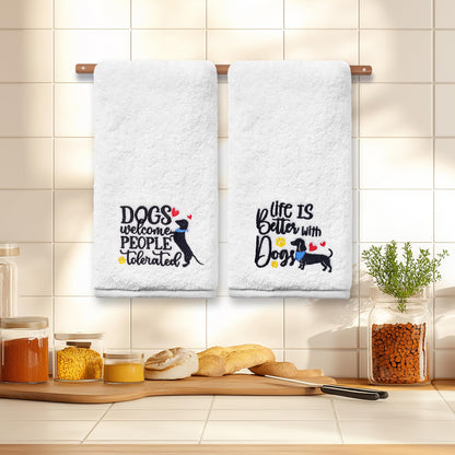 Dog Hand Towels for Bathroom Set of 2, Lover Gifts for Women Bathroom Decor Embroidered, Owners Mom Gifts Decorative New Home Tea Towels, 100% Cotton Soft for Kitchen 14x30 Inches