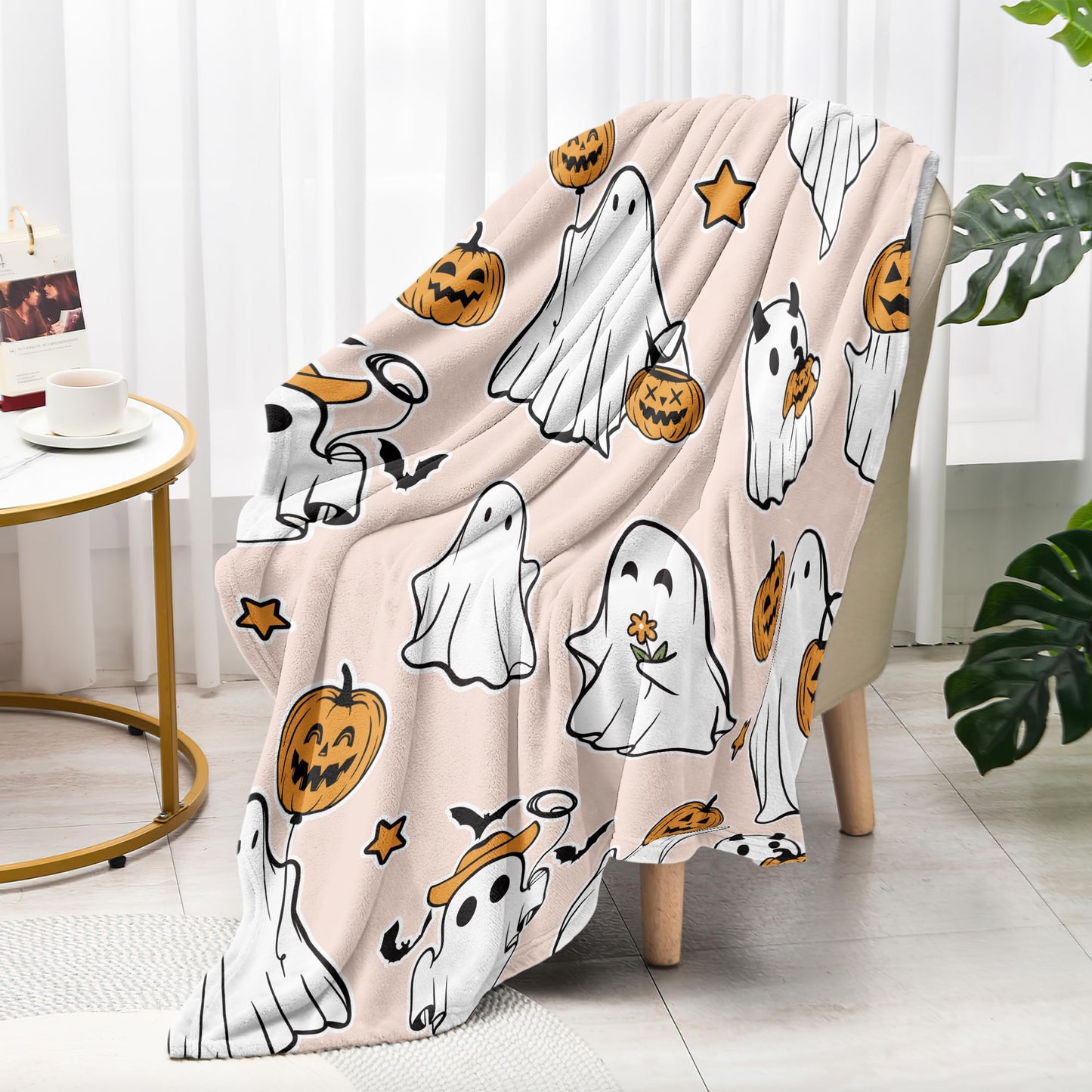 Glawry Halloween Throw Blanket for Bed,51x59 Inch, Cute Funny Ghost Pumpkin Lantern Spooky Lovely Holiday Cartoon Kawaii for Kids Boys Girls Nursery Soft Cozy Flannel Blankets for Sofa Couch Chair
