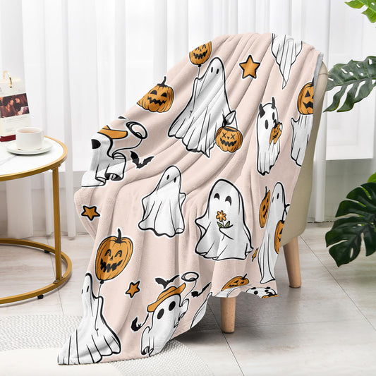Glawry Halloween Throw Blanket for Bed,51x59 Inch, Cute Funny Ghost Pumpkin Lantern Spooky Lovely Holiday Cartoon Kawaii for Kids Boys Girls Nursery Soft Cozy Flannel Blankets for Sofa Couch Chair