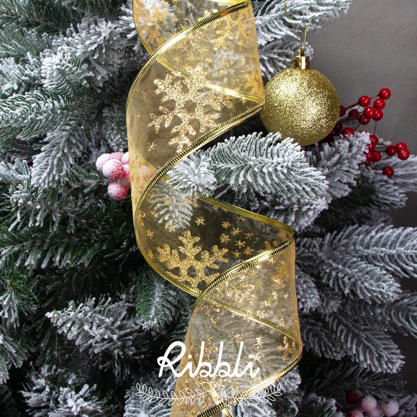 Ribbli Gold Christmas Tree Ribbon - Glitter Wired Ribbons for Tree, Crafts, Gift Wrapping, Wreaths, Garland, Home Decor - 2.5 Inch x 6 Rolls Total 36 Yard