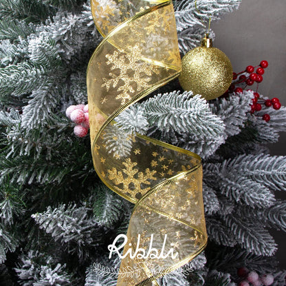 Ribbli Gold Christmas Tree Ribbon - Glitter Wired Ribbons for Tree, Crafts, Gift Wrapping, Wreaths, Garland, Home Decor - 2.5 Inch x 6 Rolls Total 36 Yard