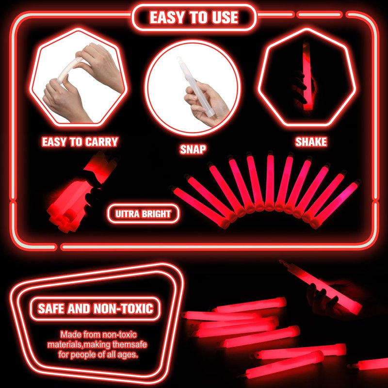 Sotiff 96 Pcs Bright 6 Inch Large Glow Sticks Bulk Emergency Glow in The Dark Sticks with 12 Hour Duration for Camping Hiking Outdoor Parties Activities Survival Storms (Red)