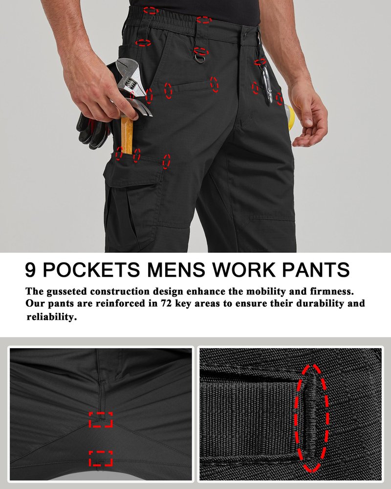 CNBQDD Mens Work Pants Construction Waterproof Cargo Pants Tactical for Men Ripstop Lightweight Outdoor Hiking Pants with Pockets Black 36Wx30L