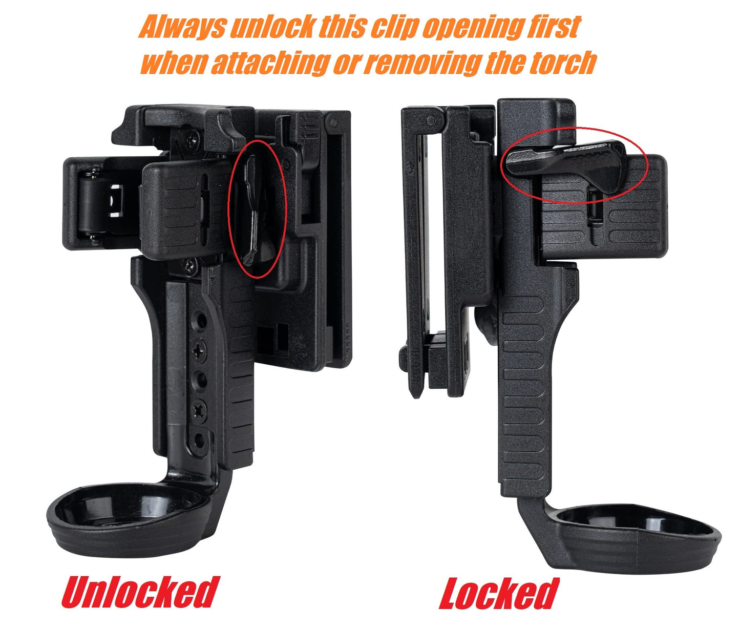 TACNEX Quick Release Flashlight Holder w/MOLLE Vest Clip Tactical Torch Holster Carrier Rotatable Light Carry Case Stand fit 1"-1.2" Diameter Flashlight for Police Leo Security Military Patrol