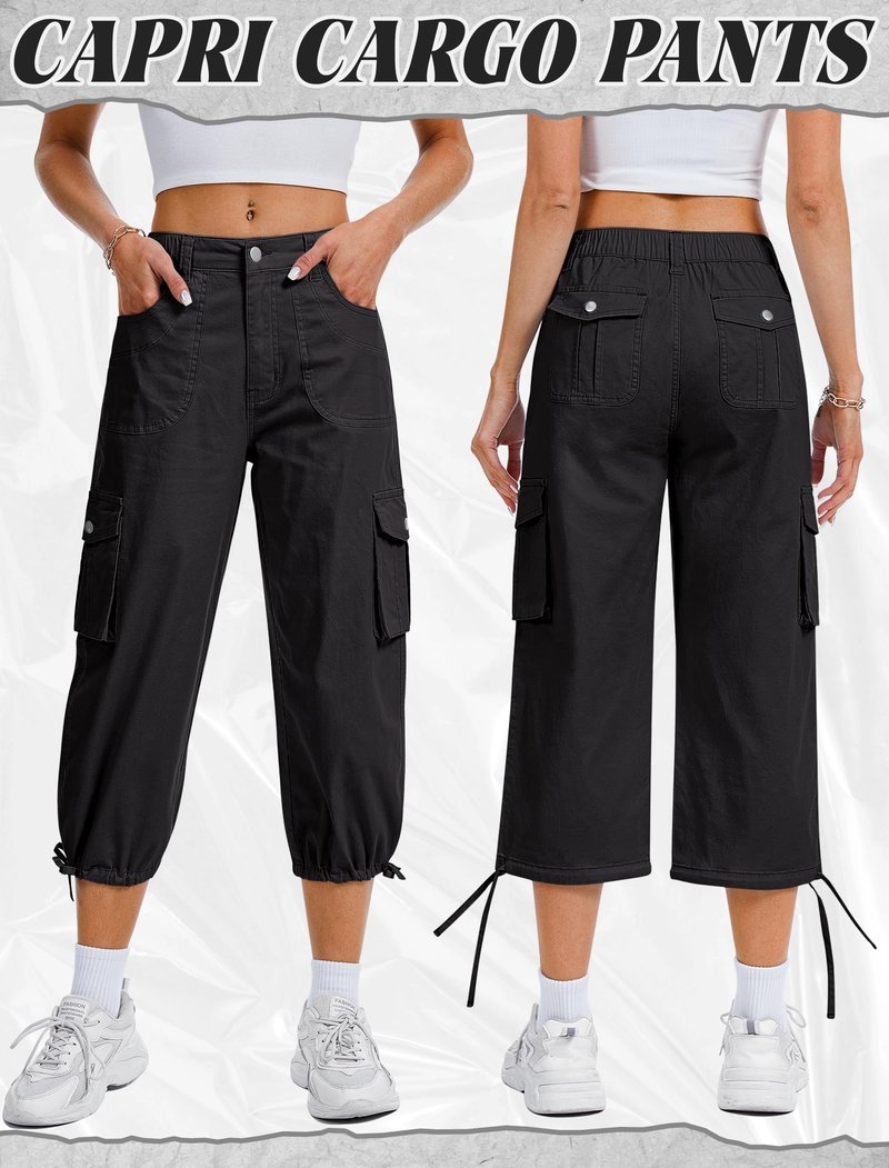 Eddoyee Cargo Capris for Women Cotton Hiking Pants with 6 Pockets Elastic High Waist Casual Summer Pants Black
