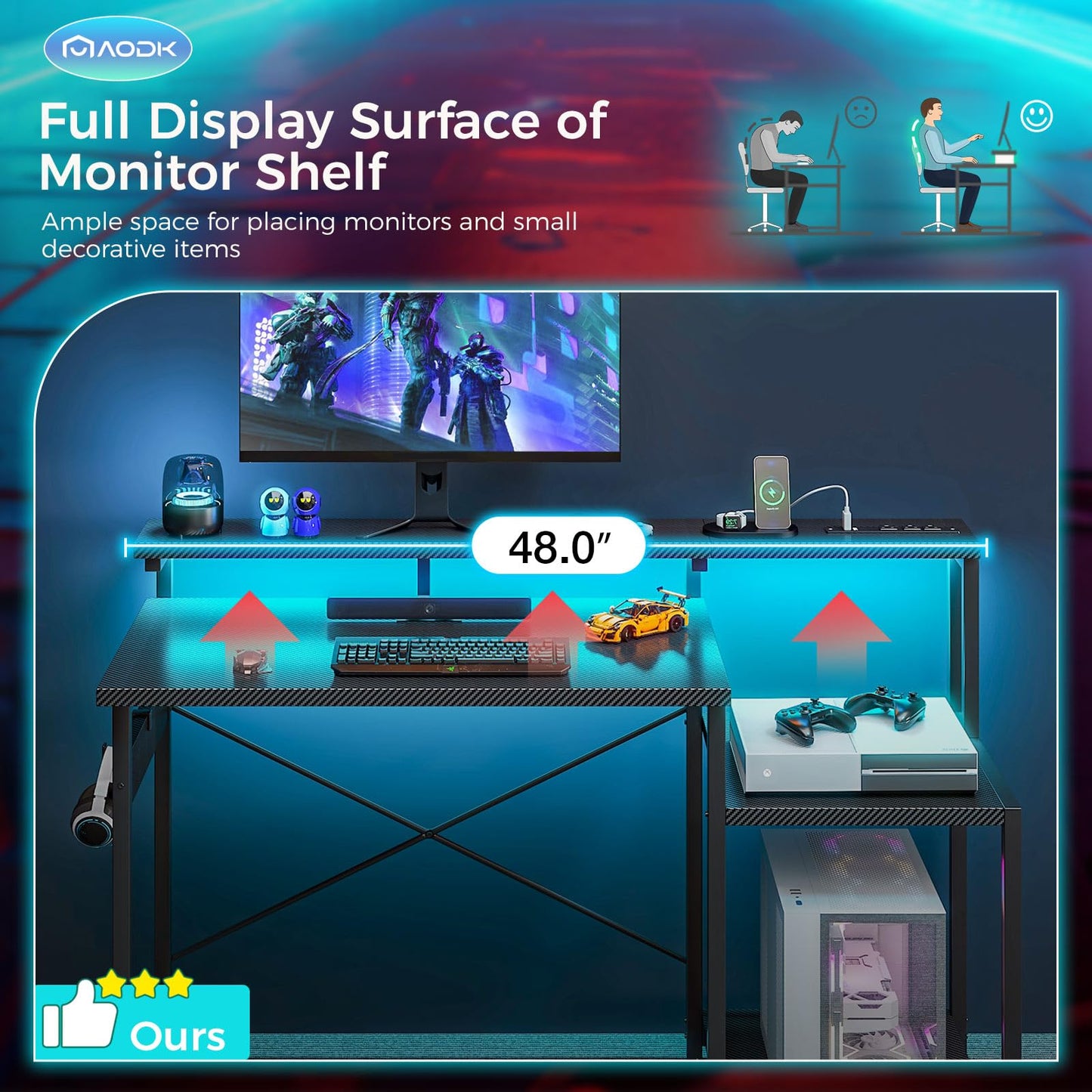 AODK Computer Desk, 48 Inch Gaming Desk with Led Lights & Power Outlet, Office Desk with Printer Storage Shelves, Reversible Desk with Monitor Shelf & Headphone Hook, Carbon Fiber Black