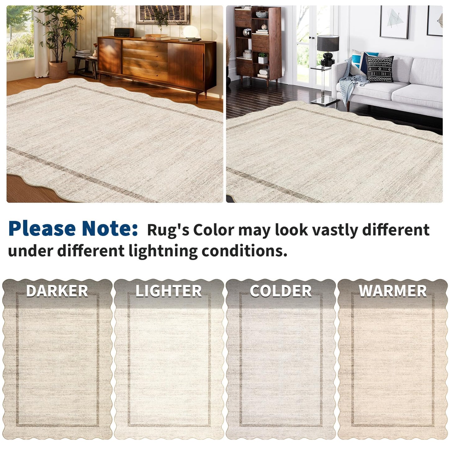 GarveeHome Scalloped Large Living Room Area Rug 6x9 - Machine Washable Modern Rugs Bordered Neutral Rug Non-Shedding Low Pile Farmhouse Carpet for Bedroom Nursery Classroom Dorm 6 ft x9 ft Beige
