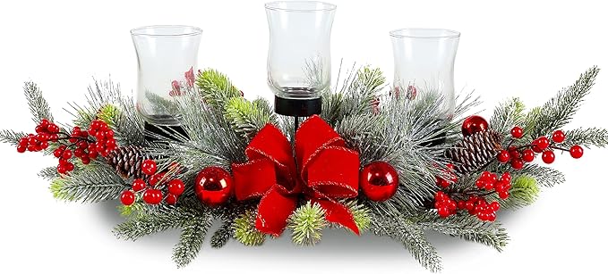 MOONET Red Christmas Table Centerpiece, Cedar with 3 Candlestick Glass Cup, Red Berry, Christmas Balls for Holiday Party, Home, Fireplace