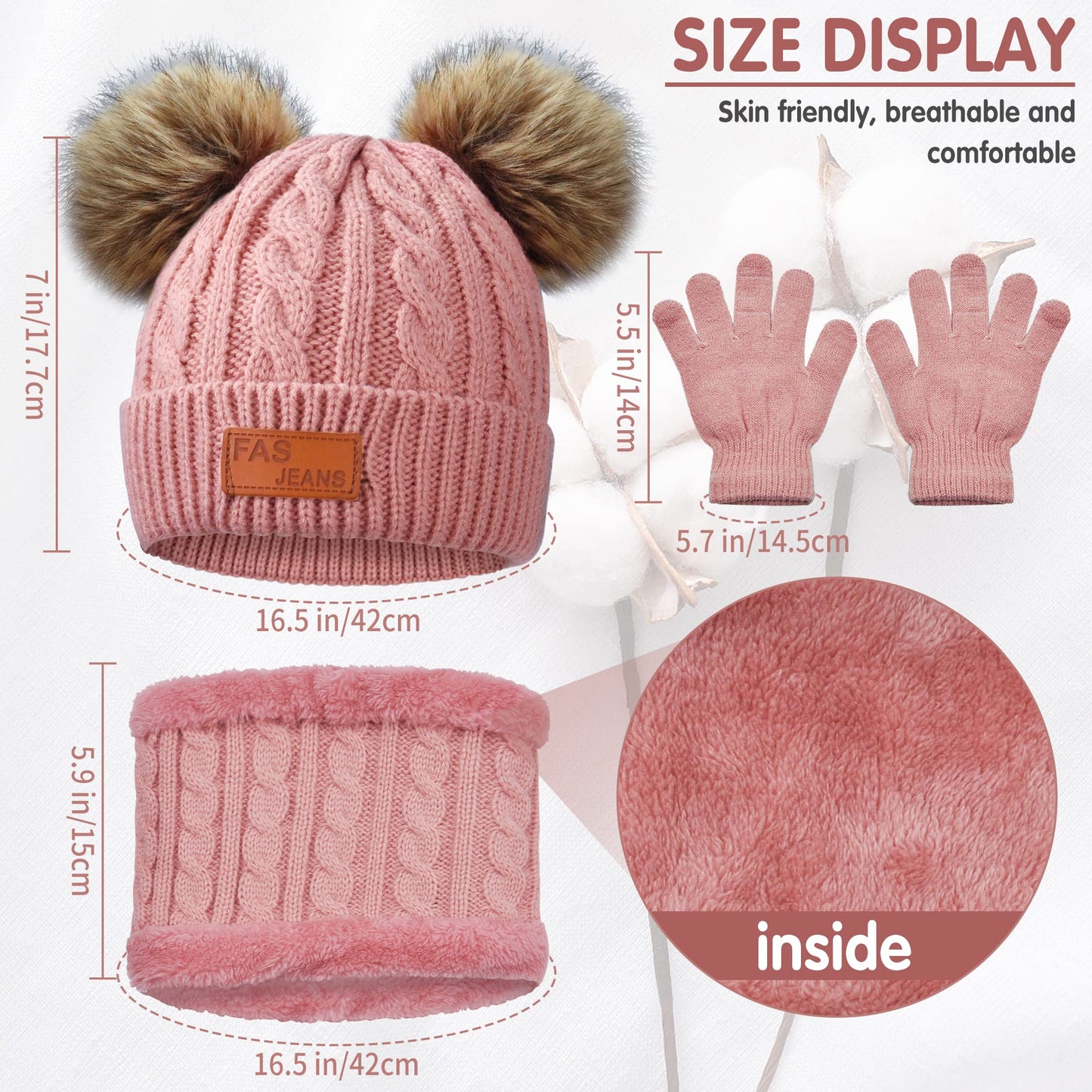 beifon Kids Winter Warm Beanie Hat Scarf Gloves Set Thermal Knit Crochet Thick Fluffy Toddler Cap Pom Pom Bobble Hat with Faux Fur for Girls Boys Children Aged 3-8
