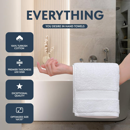 White Classic Luxury White Hand Towels, 100% Cotton Bathroom Hand Cloths Set of 6, Hotel Towels Extra 40x76 cm, Quality Towels Bathroom Sets for Hands | White, 6 Pack