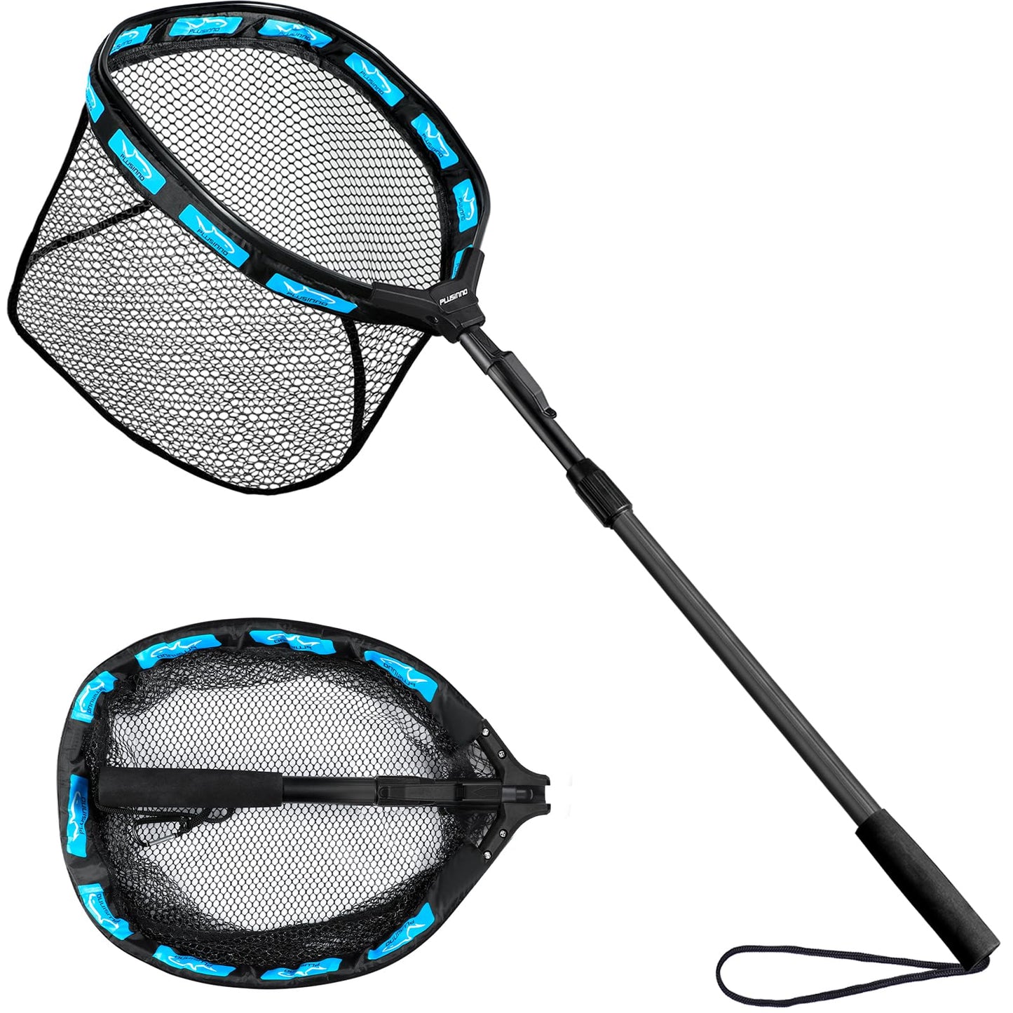 PLUSINNO Fishing Net Fish Floating Landing Net, Kayak Nets with Fixed Foldable Telescopic Pole Handle, Bass Trout Fishing Nets with Nylon Mesh for Pond Lake River, Fishing Gear Gifts for Men,Blue 1.5M