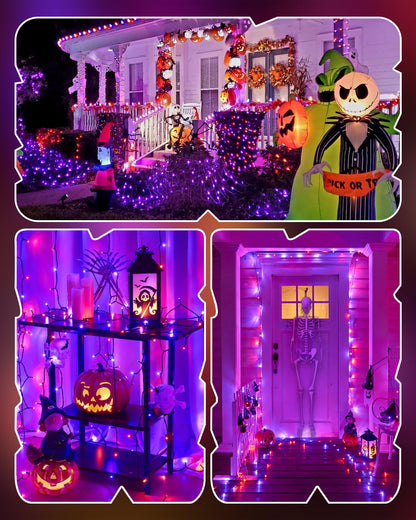 66FT Purple & Orange Halloween Lights Outdoor, 200 LED Halloween String Lights with 8 Modes, Plug in Orange Purple Hanging Twinkle Waterproof Light for Party Garden Bedroom Decorations