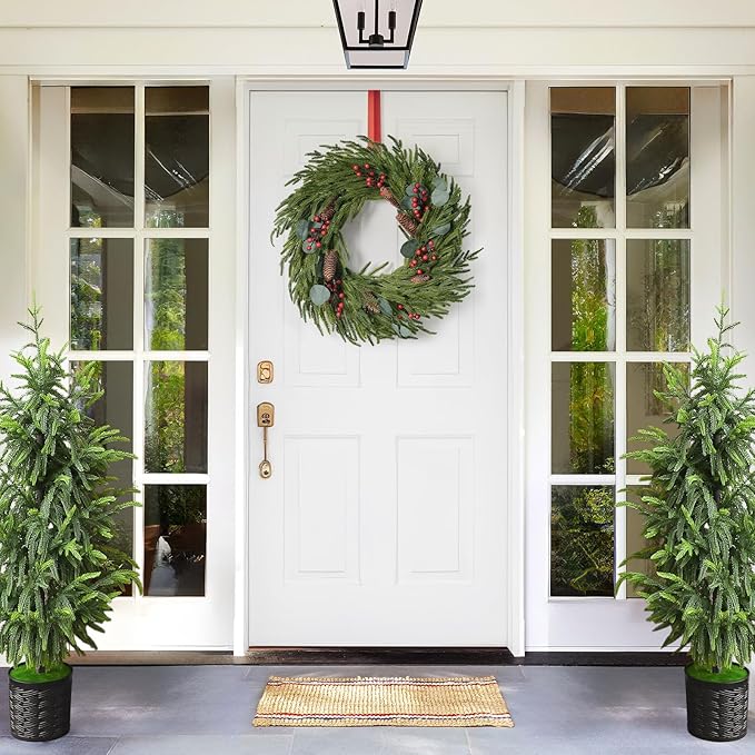 Christmas Decorations - 22 Inch Artificial Norfolk Pine Christmas Wreath with Pine Cones, Eucalyptus, and Red Berries Perfect for Front Door - Indoor Outdoor Holiday Decor for Mantle, Wall, Window
