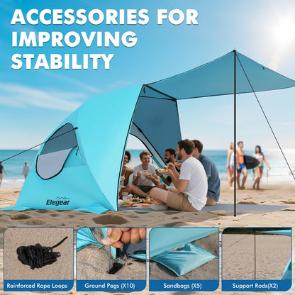 Elegear Beach Tent with Canopy 4-6 Person, 1-Second Umbrella-Style Setup Pop Up Sun Shelter Shade, UPF 50+ UV Protection Four-Layer Silver-Coated Lightweight Portable Beach Cabana - Aqua Blue