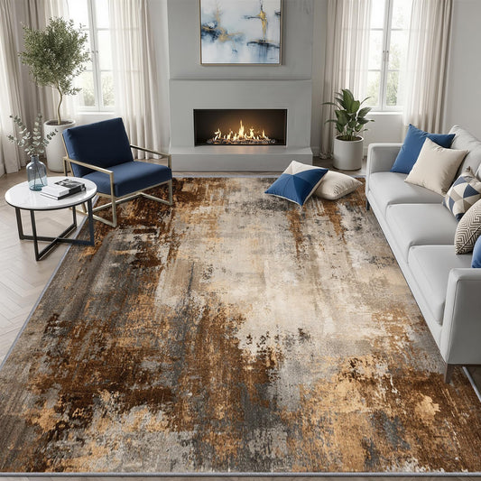 Aquailis Abstract Rugs for Living Room - Earth Tone Rug, 3x4 Rug, Vintage Distressed Area Rug, Brown Beige Modern Abstract Washable Non Slip Rugs, Brushstroke Carpet - Home Decor, Modern Gifts for Men