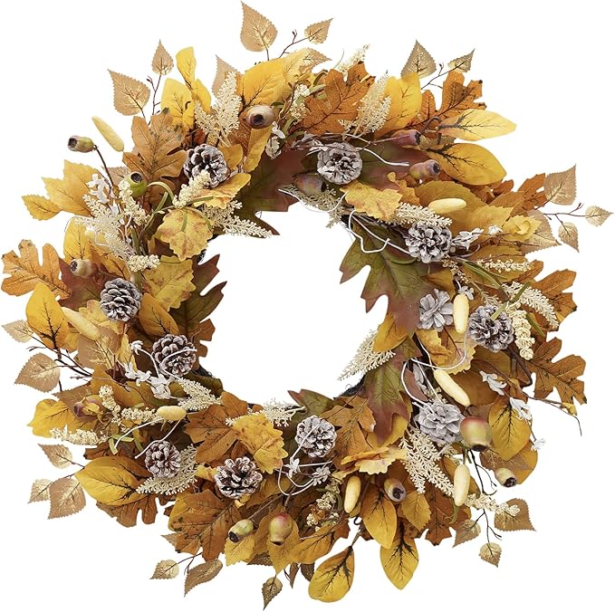 Fall Wreath for Front Door, 24 Inch Autumn Wreath with Pine Cones, Grain Ears, Oak Leaves and Maple Leaves Fall Decorations for Home, Artificial Flowers Harvest and Thanksgiving Indoor & Outdoor