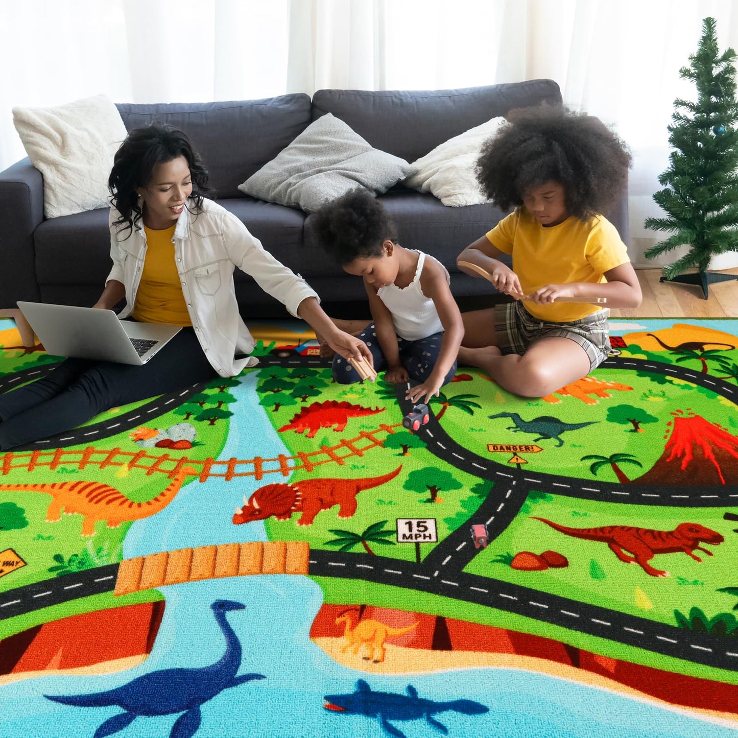 Kids Car Rug,6'7" x 9'10" Dinosaur Car Carpet for Kids Toy Cars,Non Slip Dino Safari Road Map Kid Rug for Playroom Bedroom Boys,Kids Play Mat Road Rugs,Track Rug Car Play Carpet for Kid