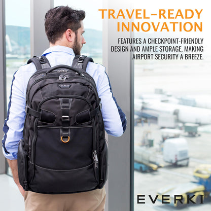 EVERKI Business 120 Laptop Backpack with Rain Cover, 40L Capacity, Large Compartment for Laptops Up to 18.4", 180° Fold-Out Design, Padded Pocket, Durable Design with Multiple Pockets – EKP120 - Black
